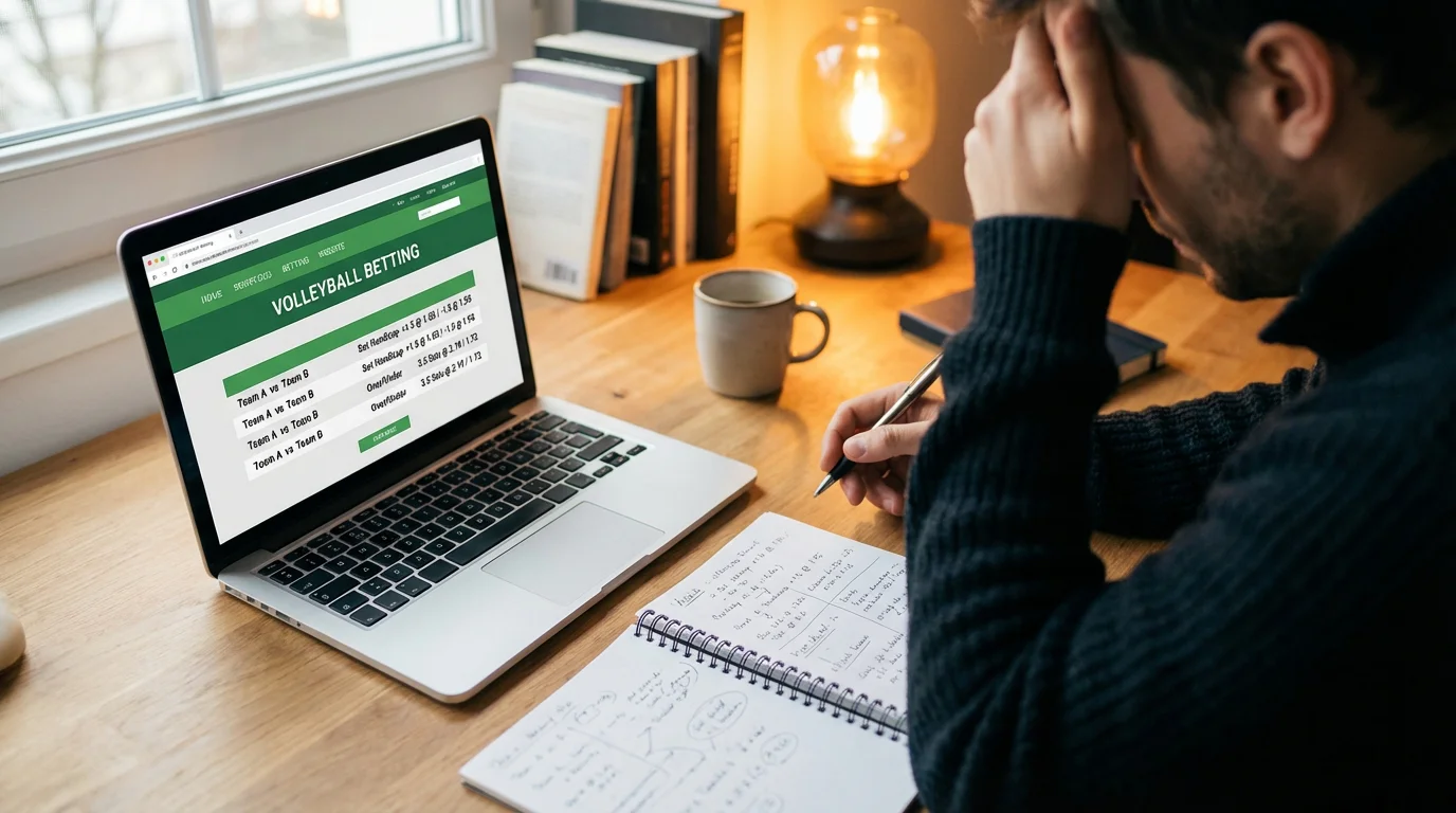 Ecrã de computador portátil com mercados de apostas de voleibol e odds decimais num operador licenciado