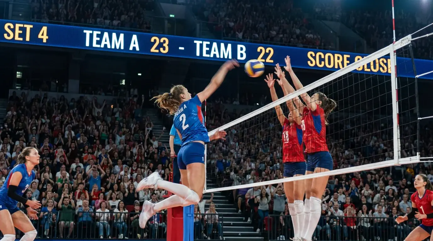 Jogo de voleibol ao vivo com pontuação visivel num pavilhao lotado