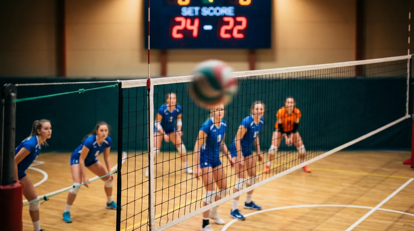 Jogo de voleibol de pavilhão com jogadores em ação junto à rede durante um set decisivo