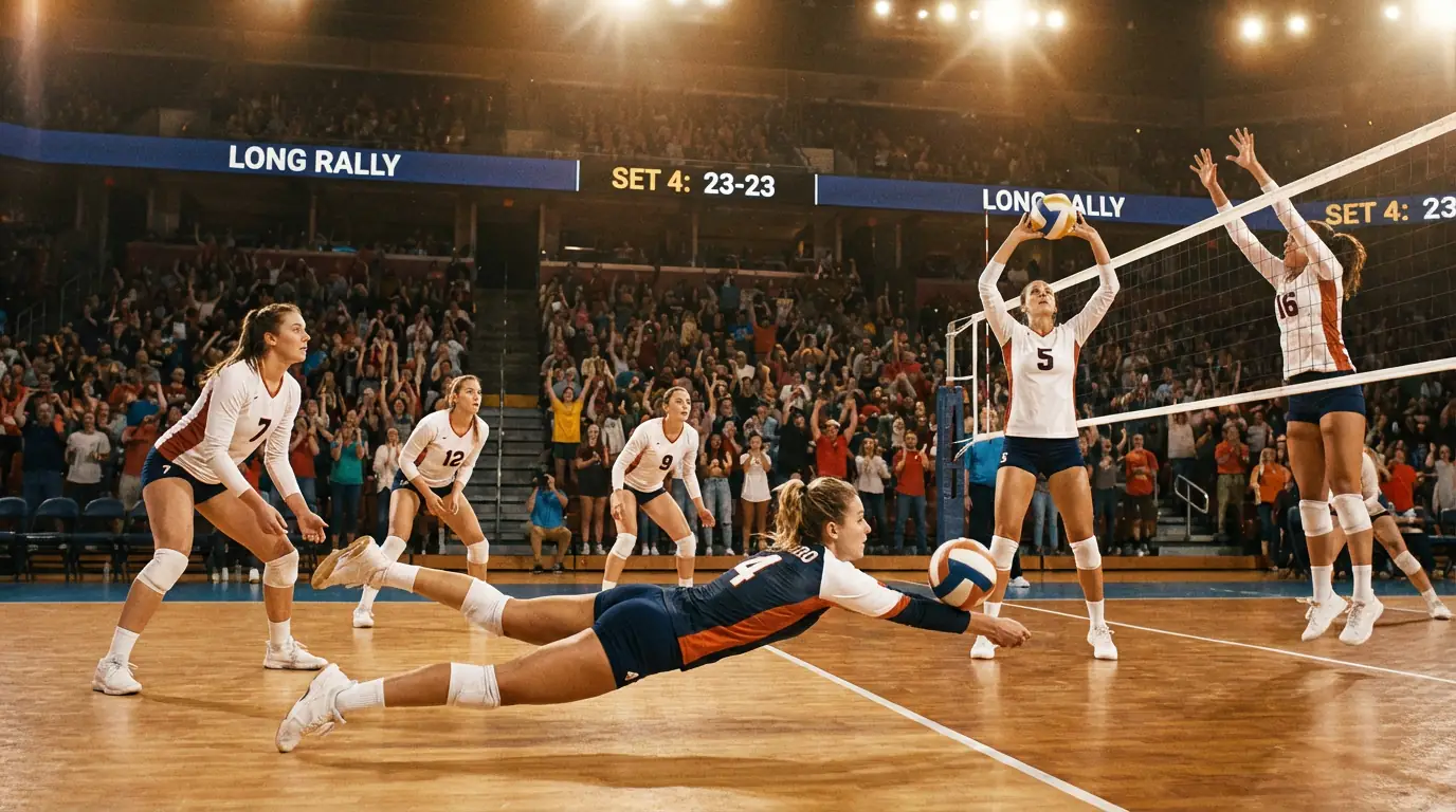 Jogadoras de voleibol feminino em rally longo junto à rede com receção defensiva